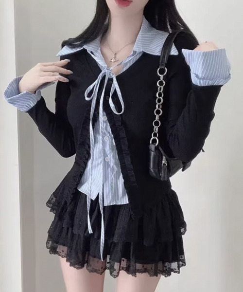 VIVID LADY(ビビッドレディー)の「ストライプシャツ フリルカーディガン レイヤード風トップス(シャツ/ブラウス・レディース・ブラック/アイボリー/グレー・FREE)」の16枚目の写真