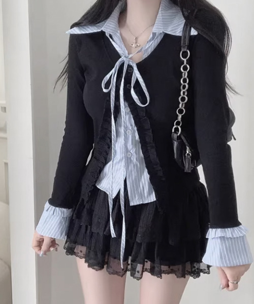 VIVID LADY(ビビッドレディー)の「ストライプシャツ フリルカーディガン レイヤード風トップス(シャツ/ブラウス・レディース・ブラック/アイボリー/グレー・FREE)」の17枚目の写真