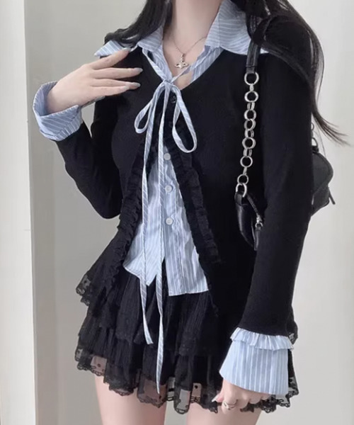 VIVID LADY(ビビッドレディー)の「ストライプシャツ フリルカーディガン レイヤード風トップス(シャツ/ブラウス・レディース・ブラック/アイボリー/グレー・FREE)」の18枚目の写真