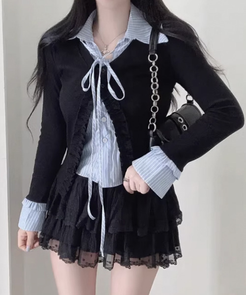 VIVID LADY(ビビッドレディー)の「ストライプシャツ フリルカーディガン レイヤード風トップス(シャツ/ブラウス・レディース・ブラック/アイボリー/グレー・FREE)」の19枚目の写真