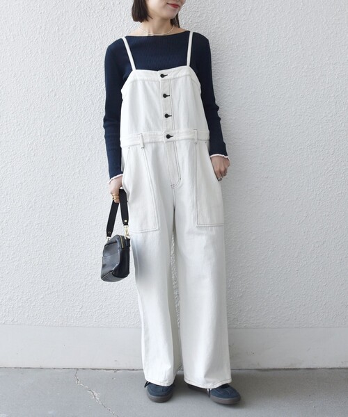 SHIPS any（シップス エニィ）の「SHIPS any:〈洗濯機可能〉カルゼ キャミ ワイド サロペット（サロペット/オーバーオール・レディース・オフホワイト/ネイビー・ONE SIZE）」の4枚目の写真