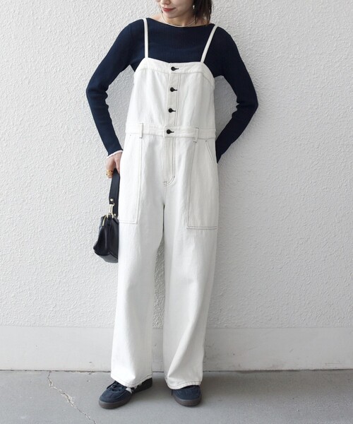 SHIPS any（シップス エニィ）の「SHIPS any:〈洗濯機可能〉カルゼ キャミ ワイド サロペット（サロペット/オーバーオール・レディース・オフホワイト/ネイビー・ONE SIZE）」の10枚目の写真