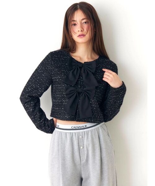 CALNAMUR（カルナムール）の「カットラメツイードリボンジャケット（カーディガン/ボレロ・レディース・ブラック/オフホワイト/ピンク・FREE）」の5枚目の写真