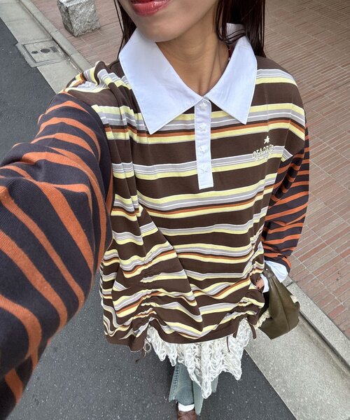 CIAOPANIC（チャオパニック）の「クレイジーボーダーシャーリングラガーシャツ（Tシャツ/カットソー・レディース・ブルー/ベージュ/ピンク/ブラウン・ONE SIZE）」の2枚目の写真