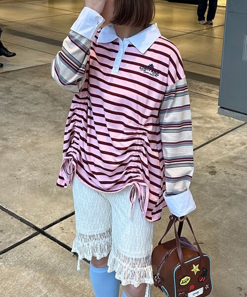 CIAOPANIC（チャオパニック）の「クレイジーボーダーシャーリングラガーシャツ（Tシャツ/カットソー・レディース・ブルー/ベージュ/ピンク/ブラウン・ONE SIZE）」の4枚目の写真