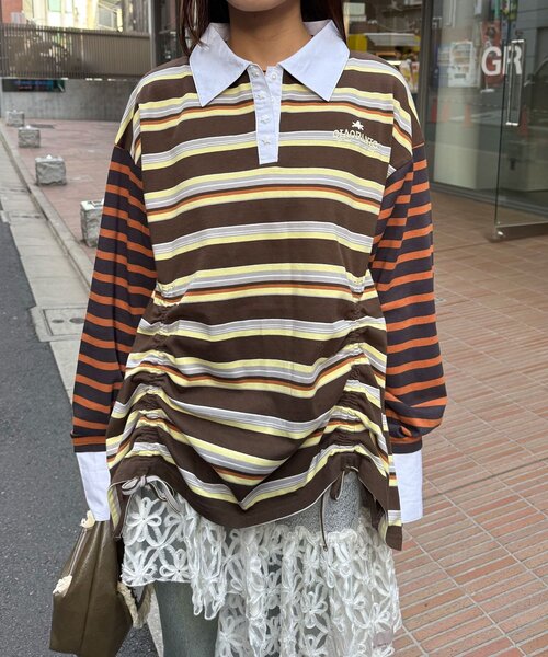 CIAOPANIC（チャオパニック）の「クレイジーボーダーシャーリングラガーシャツ（Tシャツ/カットソー・レディース・ブルー/ベージュ/ピンク/ブラウン・ONE SIZE）」の8枚目の写真