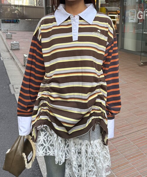 CIAOPANIC（チャオパニック）の「クレイジーボーダーシャーリングラガーシャツ（Tシャツ/カットソー・レディース・ブルー/ベージュ/ピンク/ブラウン・ONE SIZE）」の9枚目の写真