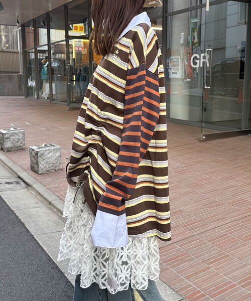 CIAOPANIC（チャオパニック）の「クレイジーボーダーシャーリングラガーシャツ（Tシャツ/カットソー・レディース・ブルー/ベージュ/ピンク/ブラウン・ONE SIZE）」の10枚目の写真