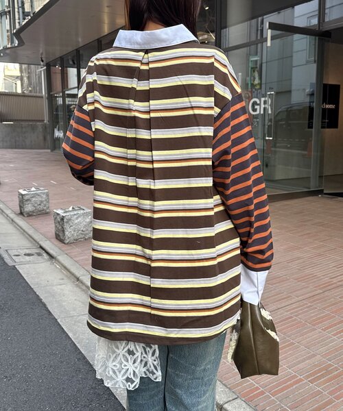 CIAOPANIC（チャオパニック）の「クレイジーボーダーシャーリングラガーシャツ（Tシャツ/カットソー・レディース・ブルー/ベージュ/ピンク/ブラウン・ONE SIZE）」の11枚目の写真