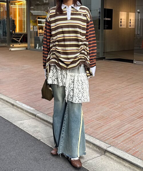 CIAOPANIC（チャオパニック）の「クレイジーボーダーシャーリングラガーシャツ（Tシャツ/カットソー・レディース・ブルー/ベージュ/ピンク/ブラウン・ONE SIZE）」の12枚目の写真