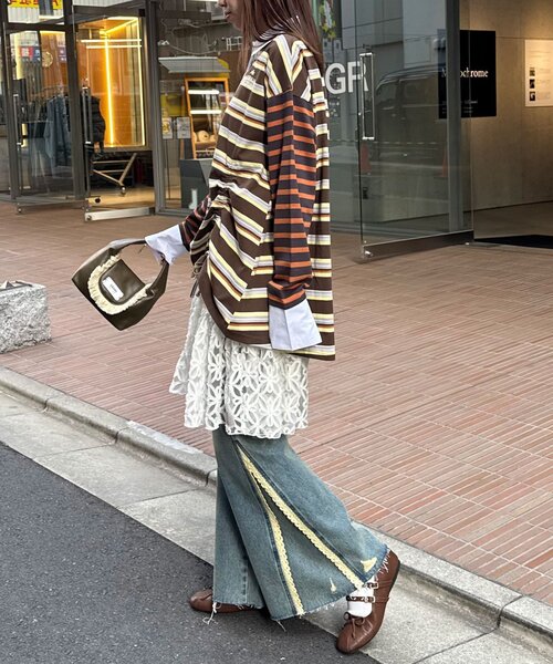 CIAOPANIC（チャオパニック）の「クレイジーボーダーシャーリングラガーシャツ（Tシャツ/カットソー・レディース・ブルー/ベージュ/ピンク/ブラウン・ONE SIZE）」の13枚目の写真