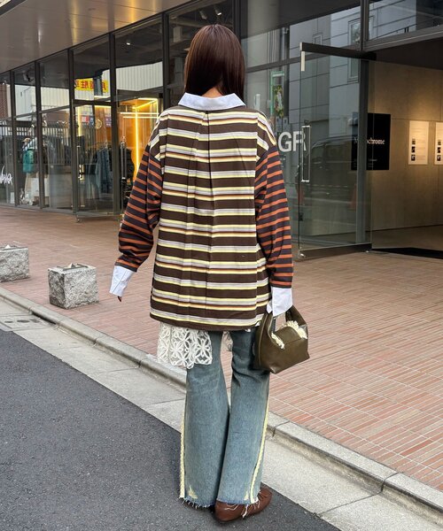 CIAOPANIC（チャオパニック）の「クレイジーボーダーシャーリングラガーシャツ（Tシャツ/カットソー・レディース・ブルー/ベージュ/ピンク/ブラウン・ONE SIZE）」の14枚目の写真