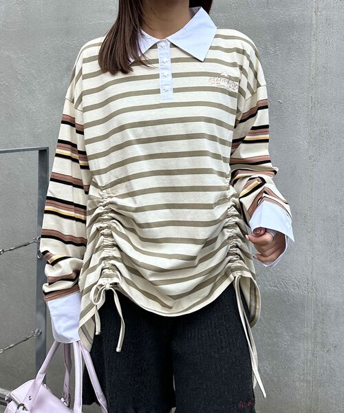 CIAOPANIC（チャオパニック）の「クレイジーボーダーシャーリングラガーシャツ（Tシャツ/カットソー・レディース・ブルー/ベージュ/ピンク/ブラウン・ONE SIZE）」の15枚目の写真