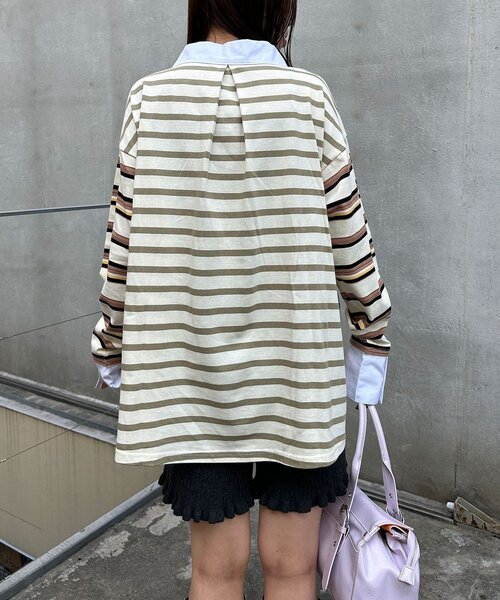 CIAOPANIC（チャオパニック）の「クレイジーボーダーシャーリングラガーシャツ（Tシャツ/カットソー・レディース・ブルー/ベージュ/ピンク/ブラウン・ONE SIZE）」の17枚目の写真