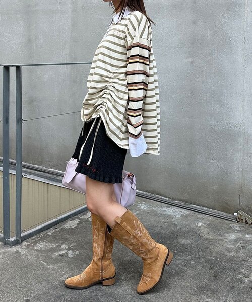 CIAOPANIC（チャオパニック）の「クレイジーボーダーシャーリングラガーシャツ（Tシャツ/カットソー・レディース・ブルー/ベージュ/ピンク/ブラウン・ONE SIZE）」の19枚目の写真