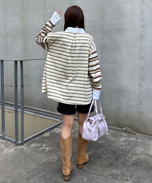 CIAOPANIC（チャオパニック）の「クレイジーボーダーシャーリングラガーシャツ（Tシャツ/カットソー・レディース・ブルー/ベージュ/ピンク/ブラウン・ONE SIZE）」の20枚目の写真