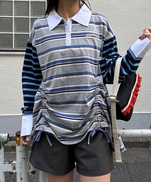 CIAOPANIC（チャオパニック）の「クレイジーボーダーシャーリングラガーシャツ（Tシャツ/カットソー・レディース・ブルー/ベージュ/ピンク/ブラウン・ONE SIZE）」の22枚目の写真