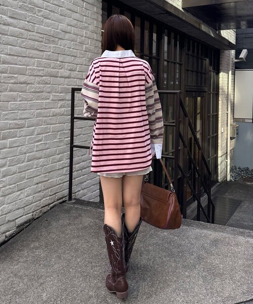 CIAOPANIC（チャオパニック）の「クレイジーボーダーシャーリングラガーシャツ（Tシャツ/カットソー・レディース・ブルー/ベージュ/ピンク/ブラウン・ONE SIZE）」の7枚目の写真