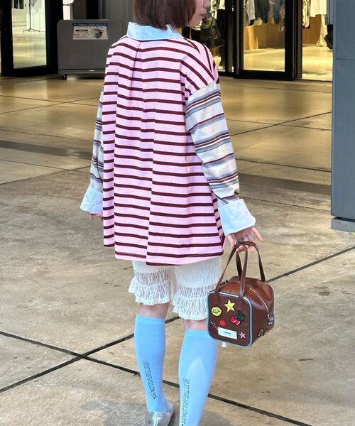 CIAOPANIC（チャオパニック）の「クレイジーボーダーシャーリングラガーシャツ（Tシャツ/カットソー・レディース・ブルー/ベージュ/ピンク/ブラウン・ONE SIZE）」の5枚目の写真