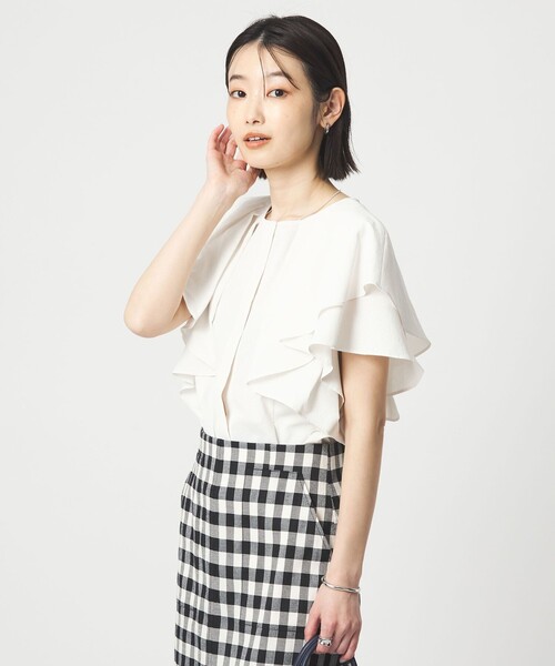 green label relaxing（グリーンレーベルリラクシング）の「Breeze Cool  ラッフル ブラウス マシンウォッシャブル 吸水速乾 通気性 UVカット（シャツ/ブラウス・レディース・ネイビー/ダークグレー/ライム/ホワイト/レッド・FREE）」の2枚目の写真