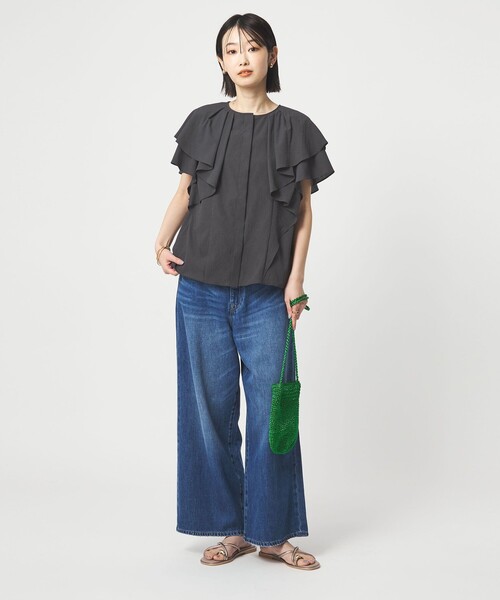 green label relaxing（グリーンレーベルリラクシング）の「Breeze Cool  ラッフル ブラウス マシンウォッシャブル 吸水速乾 通気性 UVカット（シャツ/ブラウス・レディース・ネイビー/ダークグレー/ライム/ホワイト/レッド・FREE）」の18枚目の写真