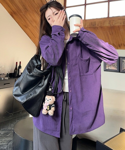 2ly2(トゥーリートゥー)の「コーデュロイ シャツ レディース 長袖 無地 レギュラーカラー 前開き ポケット付き ゆったり ロング丈(シャツ/ブラウス・レディース・ブルー/パープル・FREE)」の16枚目の写真