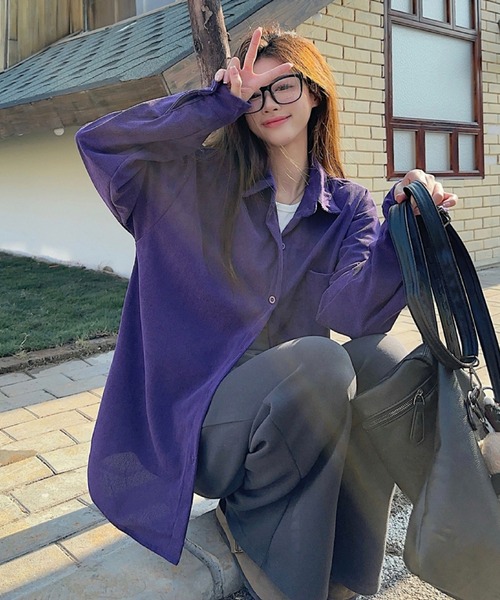 2ly2(トゥーリートゥー)の「コーデュロイ シャツ レディース 長袖 無地 レギュラーカラー 前開き ポケット付き ゆったり ロング丈(シャツ/ブラウス・レディース・ブルー/パープル・FREE)」の21枚目の写真