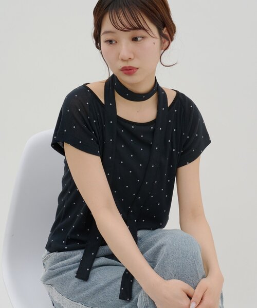 DISCOAT(ディスコート)の「【umm.】チョーカー付きドットラグランプルオーバー(Tシャツ/カットソー・レディース・アイボリー/オフホワイト/サックスブルー/ブラック/グレー・FREE)」の18枚目の写真