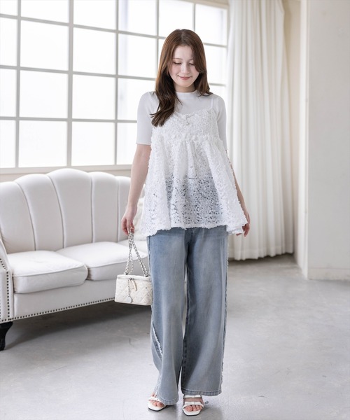 CLEAR BASIC（クリアベーシック）の「チャーム付きウェーブ刺繍チュールキャミチュニック［骨格ウェーブ/シアー/透け感/フェミニン/レイヤード］（シャツ/ブラウス・レディース・ブラック/オフホワイト・F）」の13枚目の写真