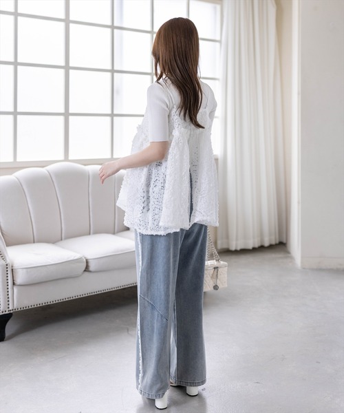 CLEAR BASIC（クリアベーシック）の「チャーム付きウェーブ刺繍チュールキャミチュニック［骨格ウェーブ/シアー/透け感/フェミニン/レイヤード］（シャツ/ブラウス・レディース・ブラック/オフホワイト・F）」の14枚目の写真
