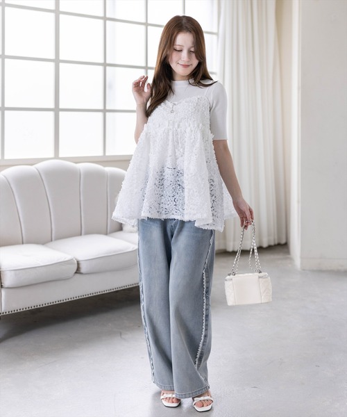 CLEAR BASIC（クリアベーシック）の「チャーム付きウェーブ刺繍チュールキャミチュニック［骨格ウェーブ/シアー/透け感/フェミニン/レイヤード］（シャツ/ブラウス・レディース・ブラック/オフホワイト・F）」の15枚目の写真