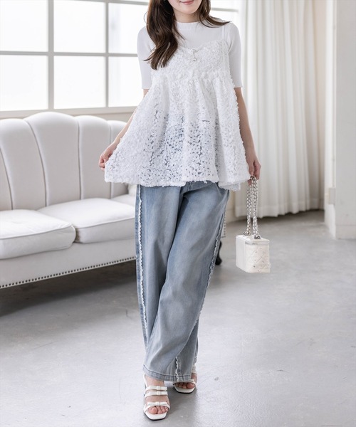 CLEAR BASIC（クリアベーシック）の「チャーム付きウェーブ刺繍チュールキャミチュニック［骨格ウェーブ/シアー/透け感/フェミニン/レイヤード］（シャツ/ブラウス・レディース・ブラック/オフホワイト・F）」の16枚目の写真