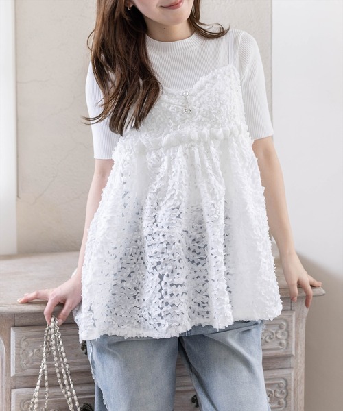 CLEAR BASIC（クリアベーシック）の「チャーム付きウェーブ刺繍チュールキャミチュニック［骨格ウェーブ/シアー/透け感/フェミニン/レイヤード］（シャツ/ブラウス・レディース・ブラック/オフホワイト・F）」の12枚目の写真