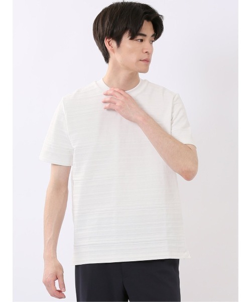TAKA-Q(タカキュー)の「ストレッチ 綿100% コットン シルケット リンクス ボーダー スロープネック 半袖 Tシャツ メンズ(Tシャツ/カットソー・メンズ・ブラック/ホワイト・S/MEDIUM/LARGE/X-LARGE)」の1枚目の写真