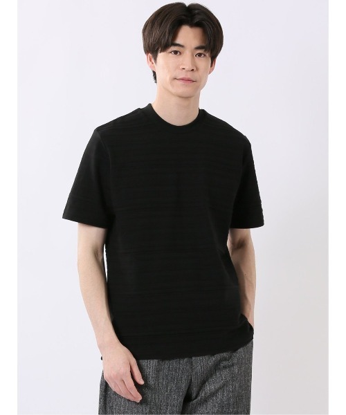 TAKA-Q(タカキュー)の「ストレッチ 綿100% コットン シルケット リンクス ボーダー スロープネック 半袖 Tシャツ メンズ(Tシャツ/カットソー・メンズ・ブラック/ホワイト・S/MEDIUM/LARGE/X-LARGE)」の2枚目の写真