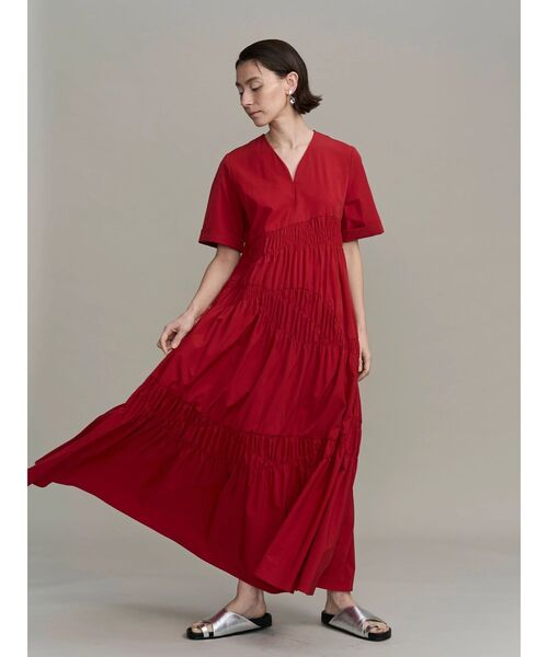 Cloth & Cross ギャザーティアードワンピース　赤　レッド　Mサイズ SHIRRING GATHER TIERED OP / シャーリングギャザーティアード
