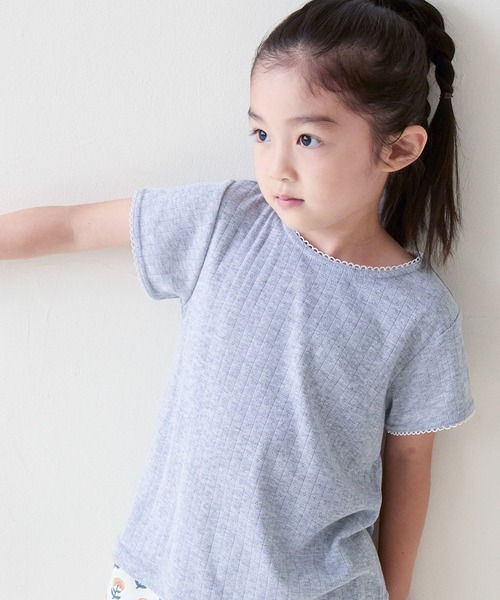 LOWRYS FARM(ローリーズファーム)の「パターンメッシュT 876719(Tシャツ/カットソー・キッズ・グレー/ピンク/アイボリー/ホワイト×ブルー/ブルー系その他・110cm/120cm/130cm/140cm/150cm)」の3枚目の写真