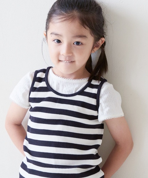 LOWRYS FARM(ローリーズファーム)の「パターンメッシュT 876719(Tシャツ/カットソー・キッズ・グレー/ピンク/アイボリー/ホワイト×ブルー/ブルー系その他・110cm/120cm/130cm/140cm/150cm)」の2枚目の写真