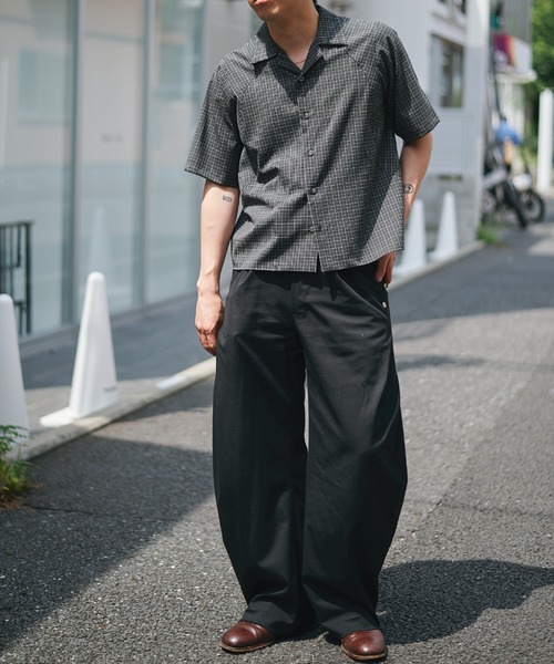 CONZ(コンズ)の「cropped open collar short sleeve shirt check/チェックシャツ/短丈/夏服/CONZ(シャツ/ブラウス・メンズ・ブラック/ネイビー/ブラウン・1/2/3)」の7枚目の写真