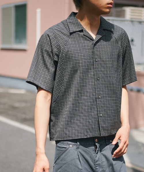 CONZ(コンズ)の「cropped open collar short sleeve shirt check/チェックシャツ/短丈/夏服/CONZ(シャツ/ブラウス・メンズ・ブラック/ネイビー/ブラウン・1/2/3)」の15枚目の写真