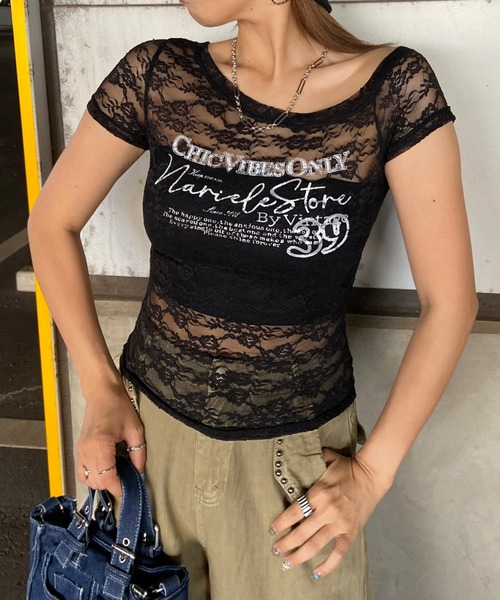 non-hedge（ノンヘッジ）の「レースワンショルダーシアーTシャツ（Tシャツ/カットソー・レディース・ブラック/オフホワイト・FREE）」の3枚目の写真