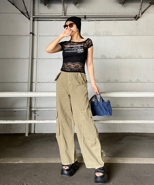 non-hedge（ノンヘッジ）の「レースワンショルダーシアーTシャツ（Tシャツ/カットソー・レディース・ブラック/オフホワイト・FREE）」の4枚目の写真