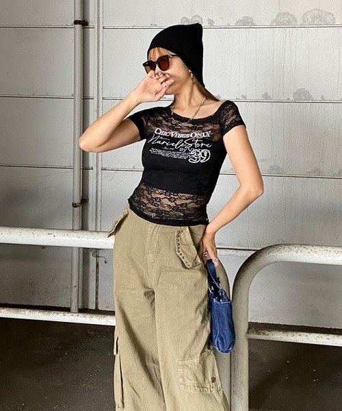 non-hedge（ノンヘッジ）の「レースワンショルダーシアーTシャツ（Tシャツ/カットソー・レディース・ブラック/オフホワイト・FREE）」の5枚目の写真
