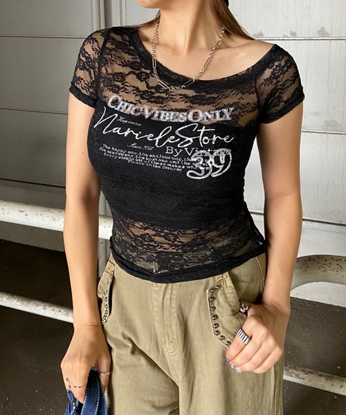 non-hedge（ノンヘッジ）の「レースワンショルダーシアーTシャツ（Tシャツ/カットソー・レディース・ブラック/オフホワイト・FREE）」の6枚目の写真
