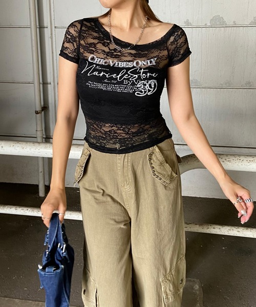 non-hedge（ノンヘッジ）の「レースワンショルダーシアーTシャツ（Tシャツ/カットソー・レディース・ブラック/オフホワイト・FREE）」の7枚目の写真