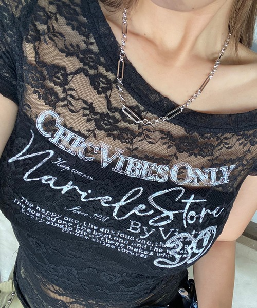 non-hedge（ノンヘッジ）の「レースワンショルダーシアーTシャツ（Tシャツ/カットソー・レディース・ブラック/オフホワイト・FREE）」の8枚目の写真