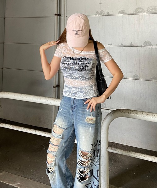 non-hedge（ノンヘッジ）の「レースワンショルダーシアーTシャツ（Tシャツ/カットソー・レディース・ブラック/オフホワイト・FREE）」の10枚目の写真