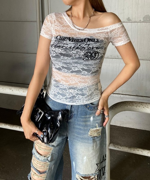 non-hedge（ノンヘッジ）の「レースワンショルダーシアーTシャツ（Tシャツ/カットソー・レディース・ブラック/オフホワイト・FREE）」の11枚目の写真
