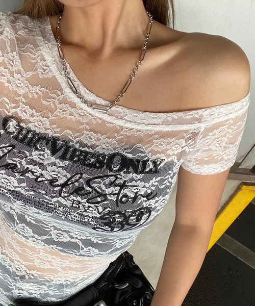 non-hedge（ノンヘッジ）の「レースワンショルダーシアーTシャツ（Tシャツ/カットソー・レディース・ブラック/オフホワイト・FREE）」の14枚目の写真