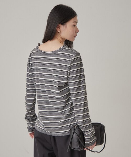 Omekashi(オメカシ)の「【ボーダー・無地/リバイバル】マルチボーダー/フリルリブカーディガン(Tシャツ/カットソー・レディース・グレー系その他/アイボリー/ブラック/グレー系その他2・FREE)」の20枚目の写真